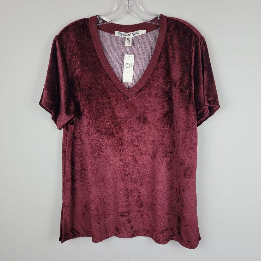 Michael Stars Wine Stretchy Velvet V-Neck Short Sleeves Pullover Top Size L